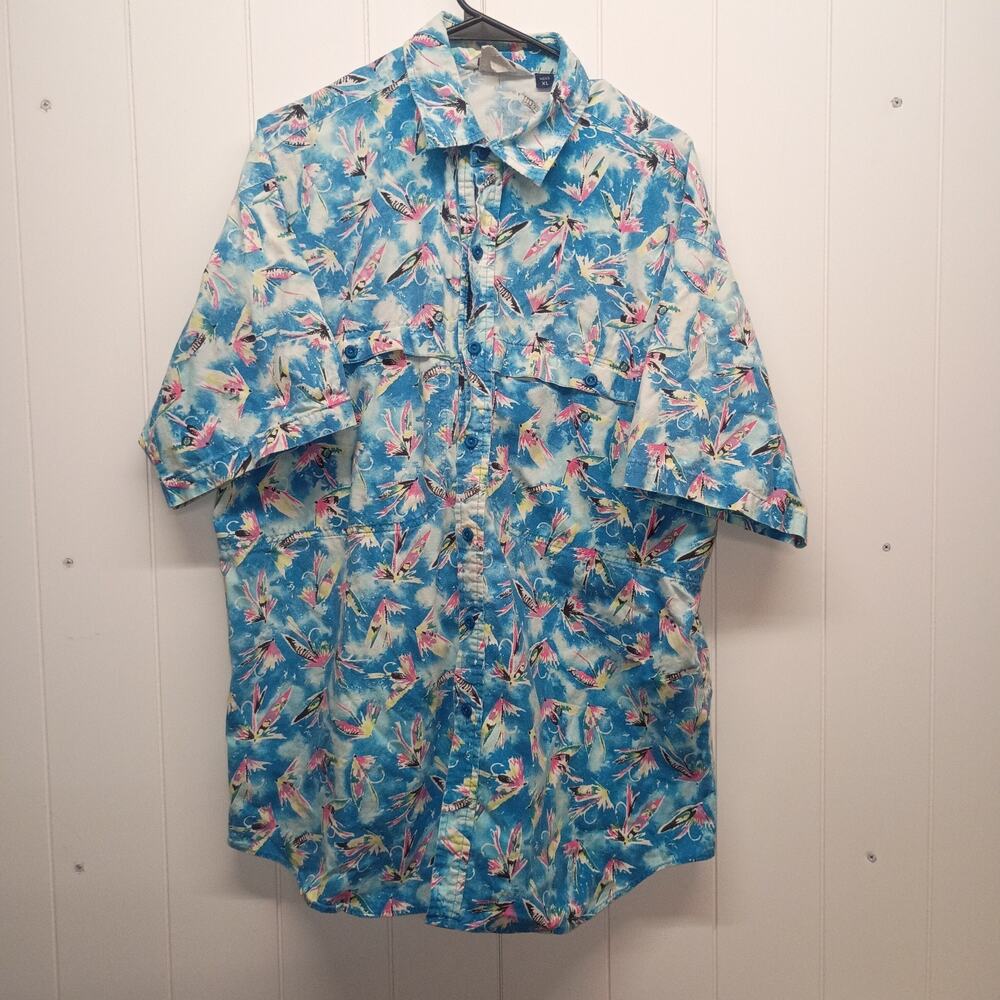Vintage Columbia Sportswear Fishing Shirt Men XL Made USA Fly Lures AOP PFG Blue